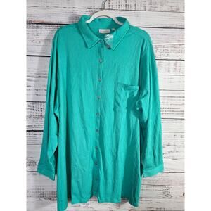 Belle By Kim Gravel Textured Button Front Shirt Teal Green Collard Pocket Plus3X